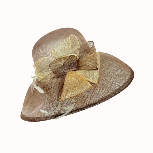 August Wide Brim Straw Hat Natural Feather Bow Vintage Elegant Church Derby - Picture 13 of 14